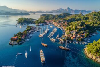 منظر جوي لميناء جوتشيك في فتحية على ساحل البحر الأبيض المتوسط في تركيا