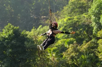 شخص يتزحلق على الحبال في حديقة هانومان وورلد وسط غابات بوكيت تايلند