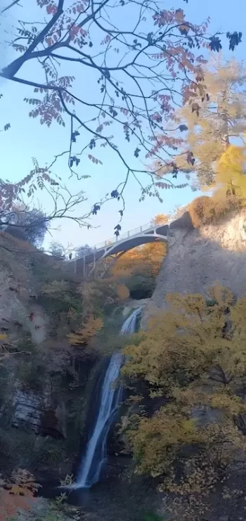 شلال طبيعي داخل الحدائق النباتية في تبليسي تحيط به الأشجار الخريفية – جورجيا