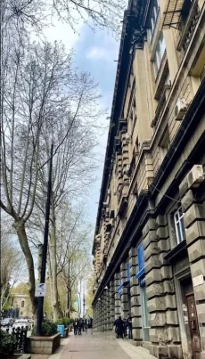 شارع روستافيلي في تبليسي تصطف فيه المباني الكلاسيكية والمقاهي العصرية وسط أجواء ثقافية نابضة