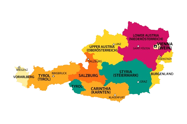 خريطة ملونة توضح ولايات النمسا الإدارية وأهم المدن السياحية