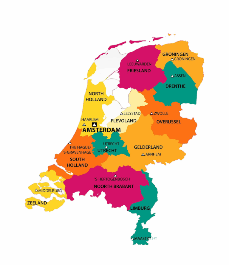 خريطة تفصيلية لهولندا تُظهر المقاطعات والمدن السياحية الرئيسية