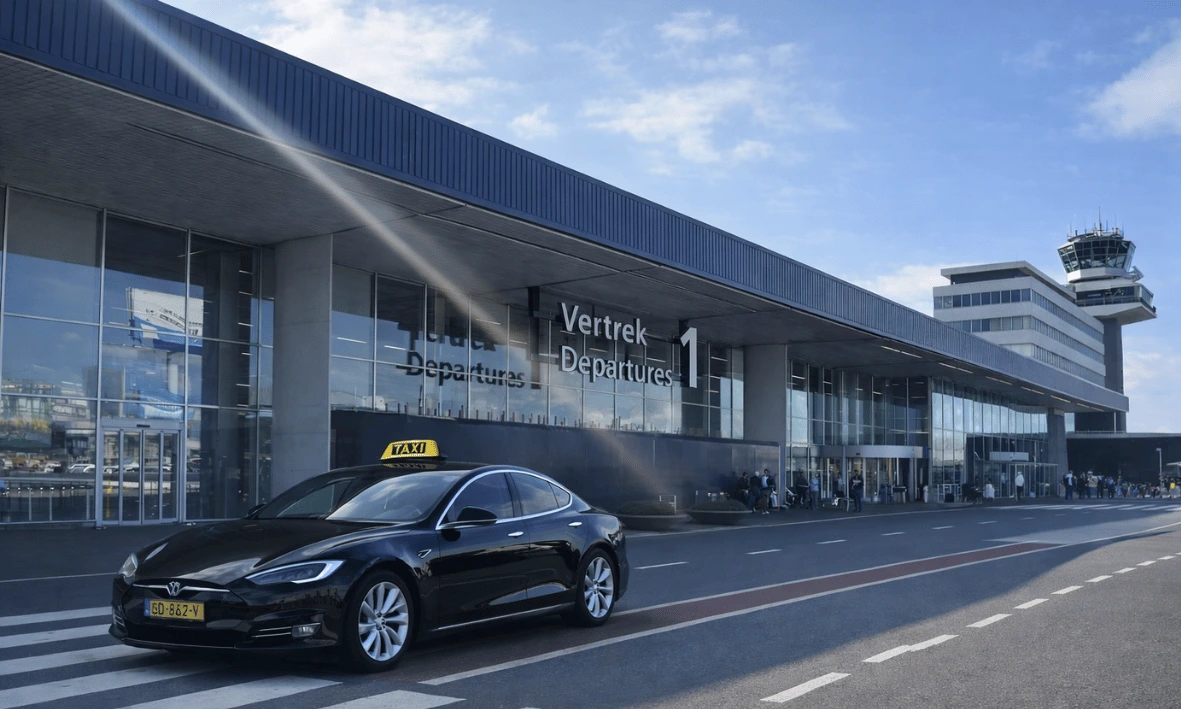 تاكسي رسمي أسود أمام صالة المغادرة في مطار أمستردام سخيبول مع لافتة Departures 1