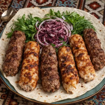 كباب أذربيجاني مشوي يقدم مع خبز لافاش والأعشاب الطازجة من أشهر أطباق المطبخ الأذربيجاني