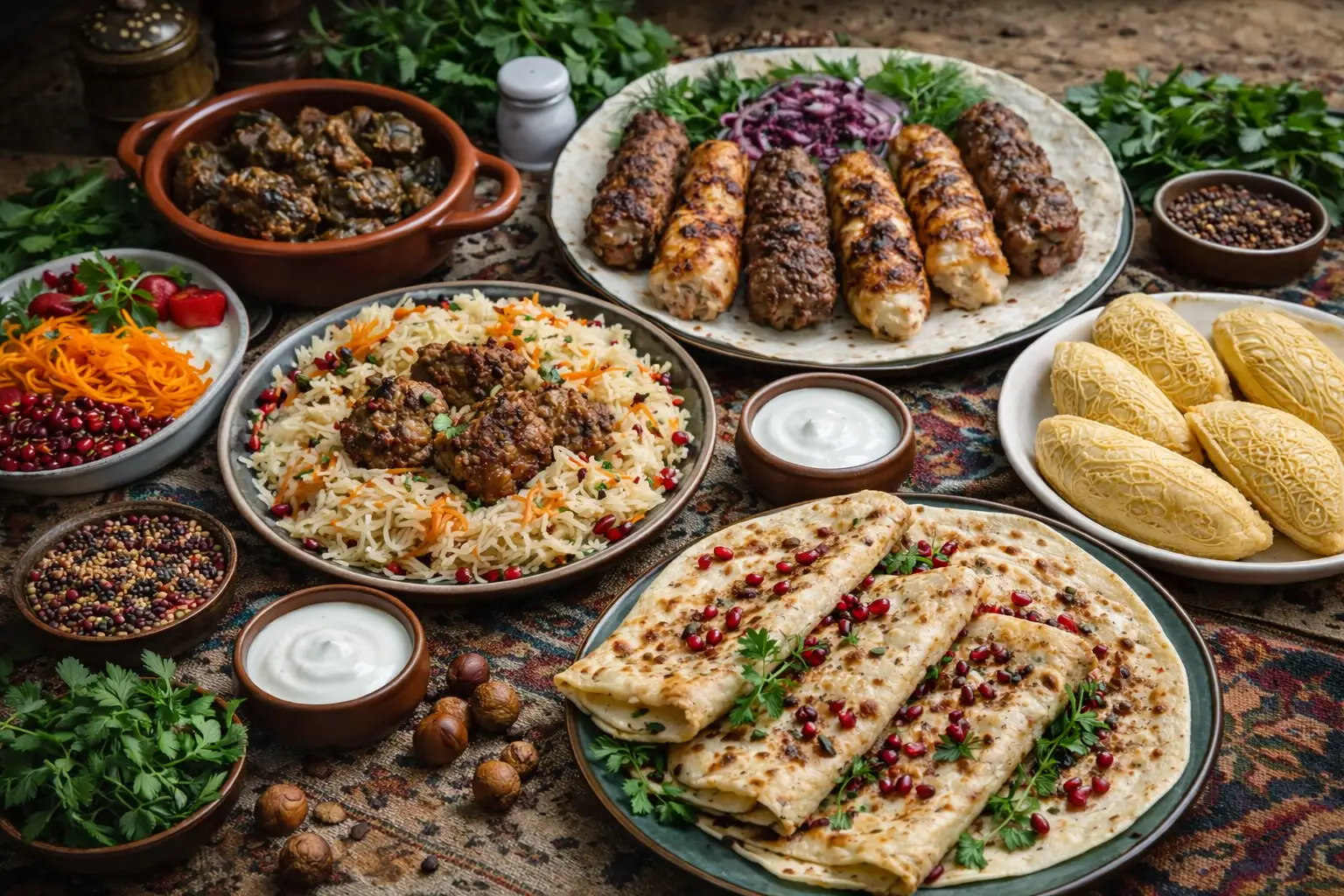 أطباق أذربيجانية تقليدية تشمل البيلاف والكباب والكوتاب والدولما والحلويات الشعبية