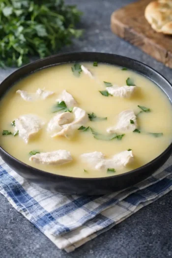 شوربة تشخيرتما الجورجية بالدجاج والأعشاب في وعاء أسود