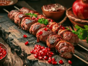 متسفادي جورجي مشوي على أسياخ مع حبوب الرمان والأعشاب الطازجة