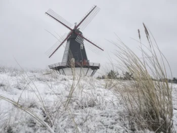 طاحونة هواء تقليدية في هولندا خلال فصل الشتاء مغطاة بالثلوج وسط طبيعة هادئة يعبر عن الطقس في هولندا نذرلاند