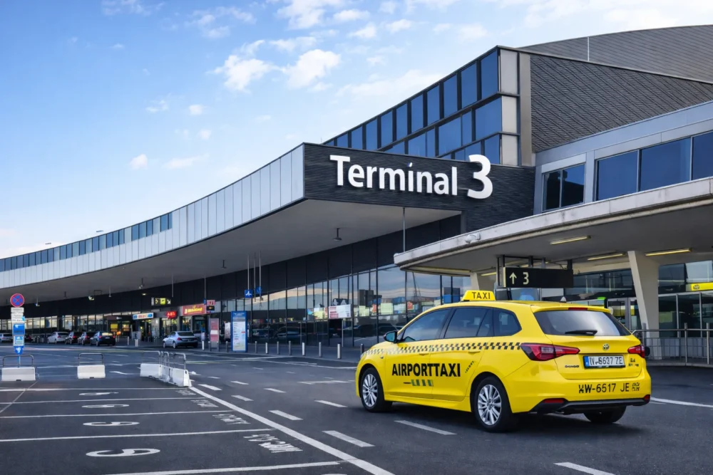 مواصلات مطار فيينا، تاكسي مطار فيينا أمام Terminal 3، مواصلات النمسا 2026 للمسافر العربي