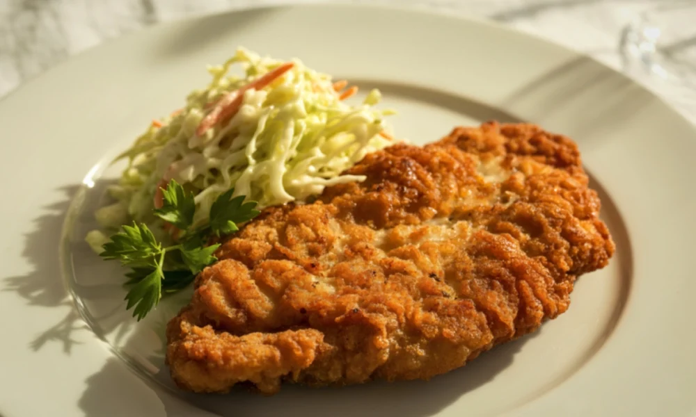 Wiener Schnitzel طبق نمساوي تقليدي من لحم مقلي بالبقسماط يقدم مع سلطة جانبية