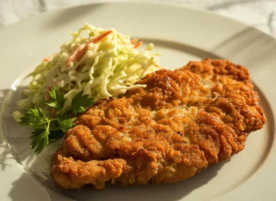 Wiener Schnitzel طبق نمساوي تقليدي من لحم مقلي بالبقسماط يقدم مع سلطة جانبية