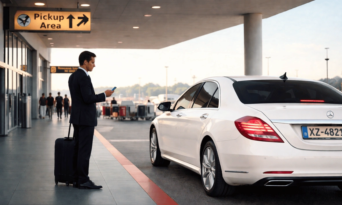 مسافر ينتظر سيارة نقل من المطار في مطار أوروبي مع حقيبة سفر