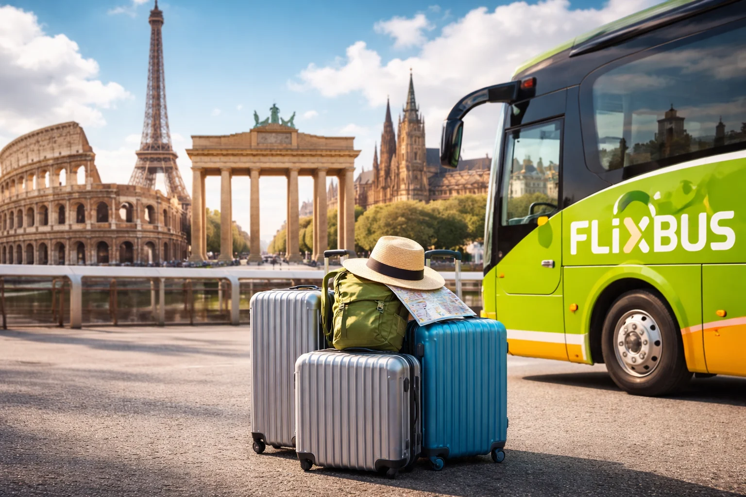 حافلة أوروبية حديثة مع حقائب سفر أمام معالم شهيرة في أوروبا