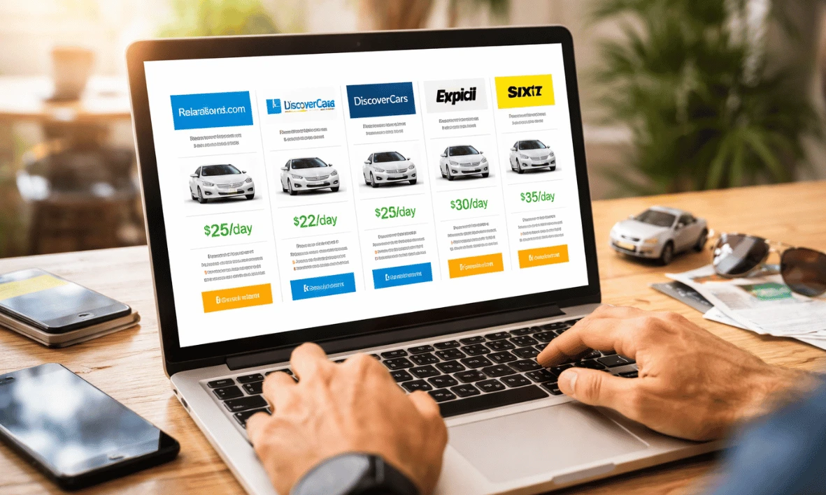 شخص يقارن أسعار تأجير السيارات عبر عدة منصات عالمية على لابتوب لاختيار أفضل موقع تأجير سيارات في 2026