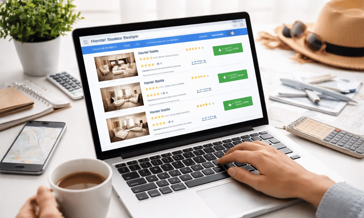 شخص يقارن أسعار الفنادق على لابتوب لاختيار أفضل موقع حجز فنادق في 2026