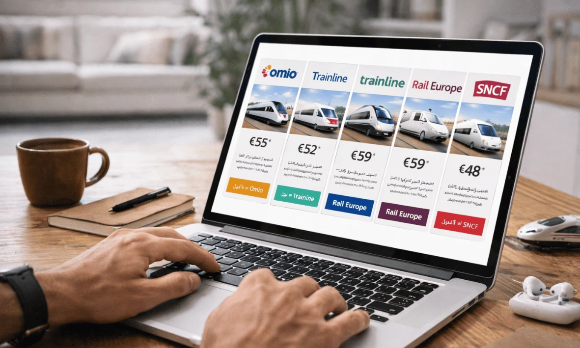 مقارنة مواقع حجز القطارات في أوروبا عبر لابتوب مع عرض أسعار من Omio وTrainline وRail Europe