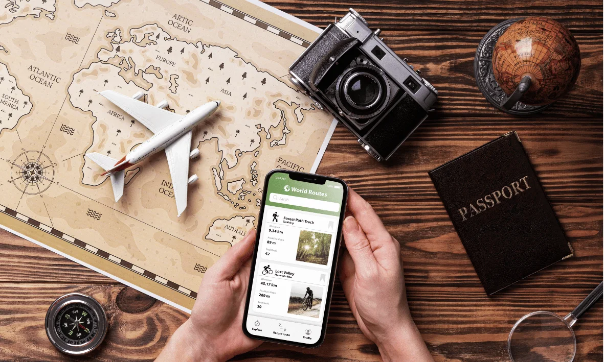 أفضل مواقع حجز الأنشطة السياحية 2026 وحجزها عبر الهاتف مع خريطة العالم وجواز السفر والطائرة