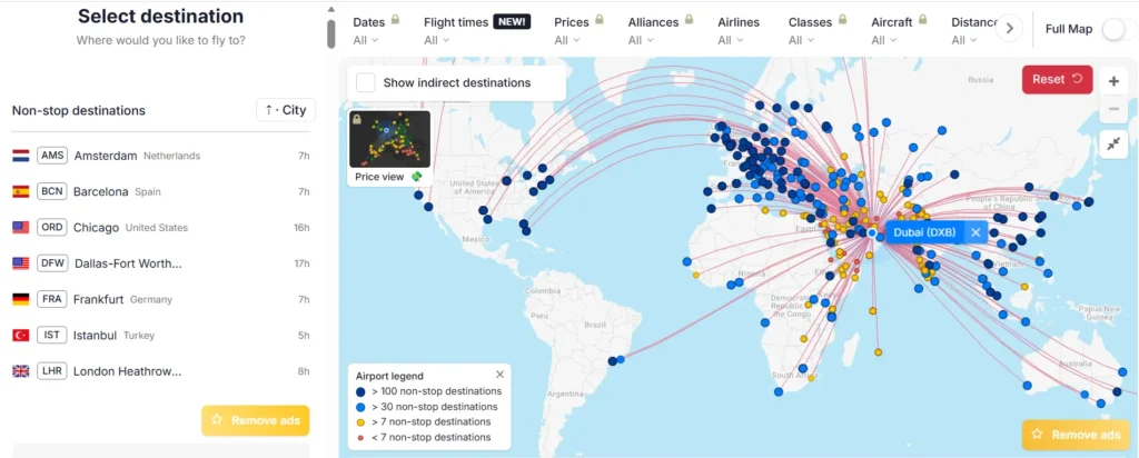 خريطة توضح جميع الرحلات المباشرة من أي مطار 2026 إلى مختلف مدن العالم باستخدام موقع FlightConnections