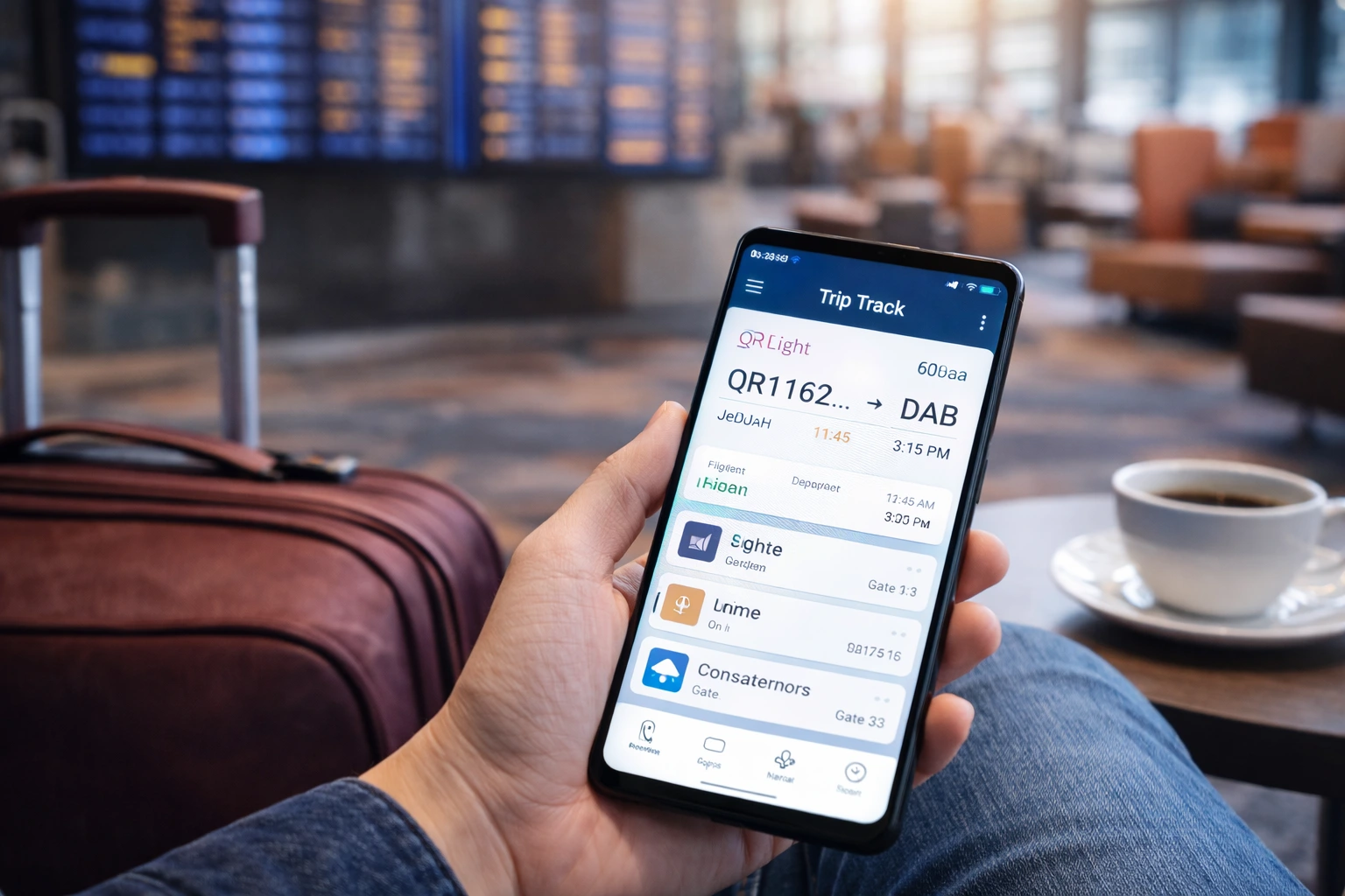 استخدام تطبيق تتبع الرحلات في صالة المطار عبر الهاتف أثناء السفر