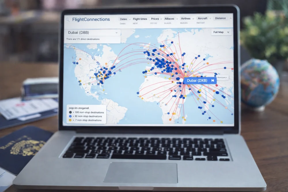 خريطة الرحلات الجوية المباشرة من المطارات حول العالم باستخدام موقع FlightConnections الذي يحدد الرحلات المباشرة من أي مطار 2026