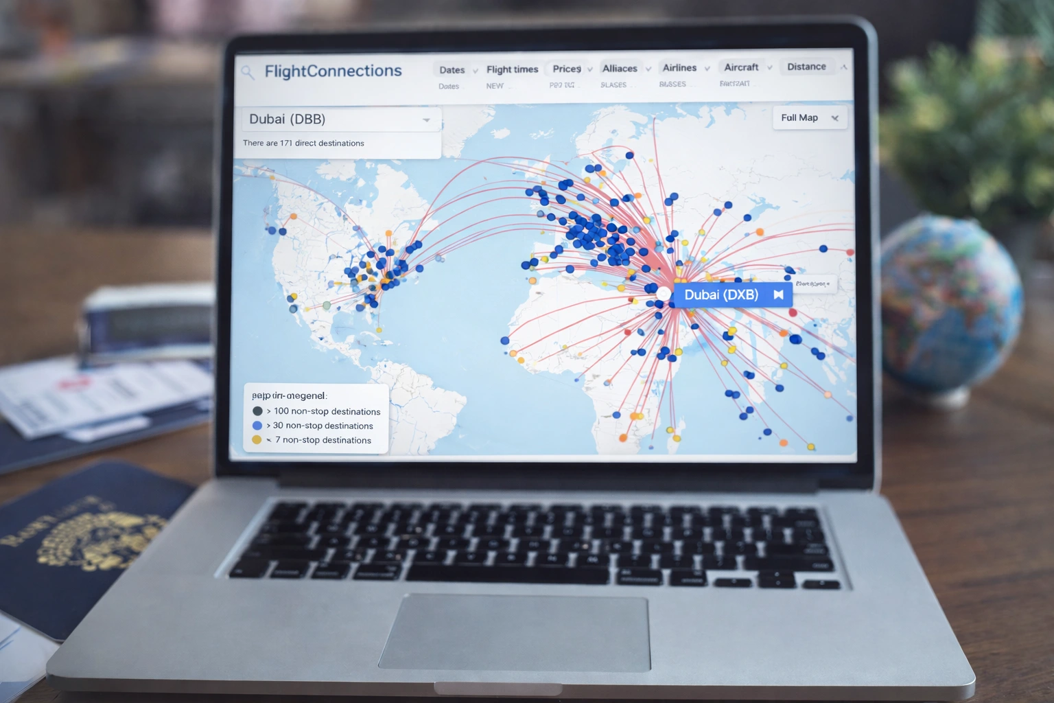 خريطة الرحلات الجوية المباشرة من المطارات حول العالم باستخدام موقع FlightConnections الذي يحدد الرحلات المباشرة من أي مطار 2026