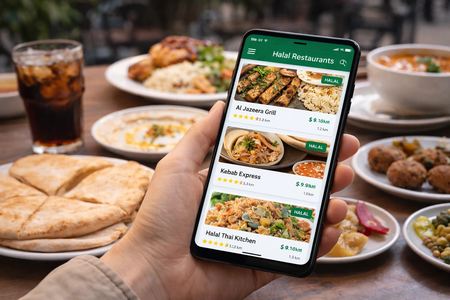 استخدام تطبيق للعثور على مطاعم حلال أثناء السفر مع أطباق طعام متنوعة