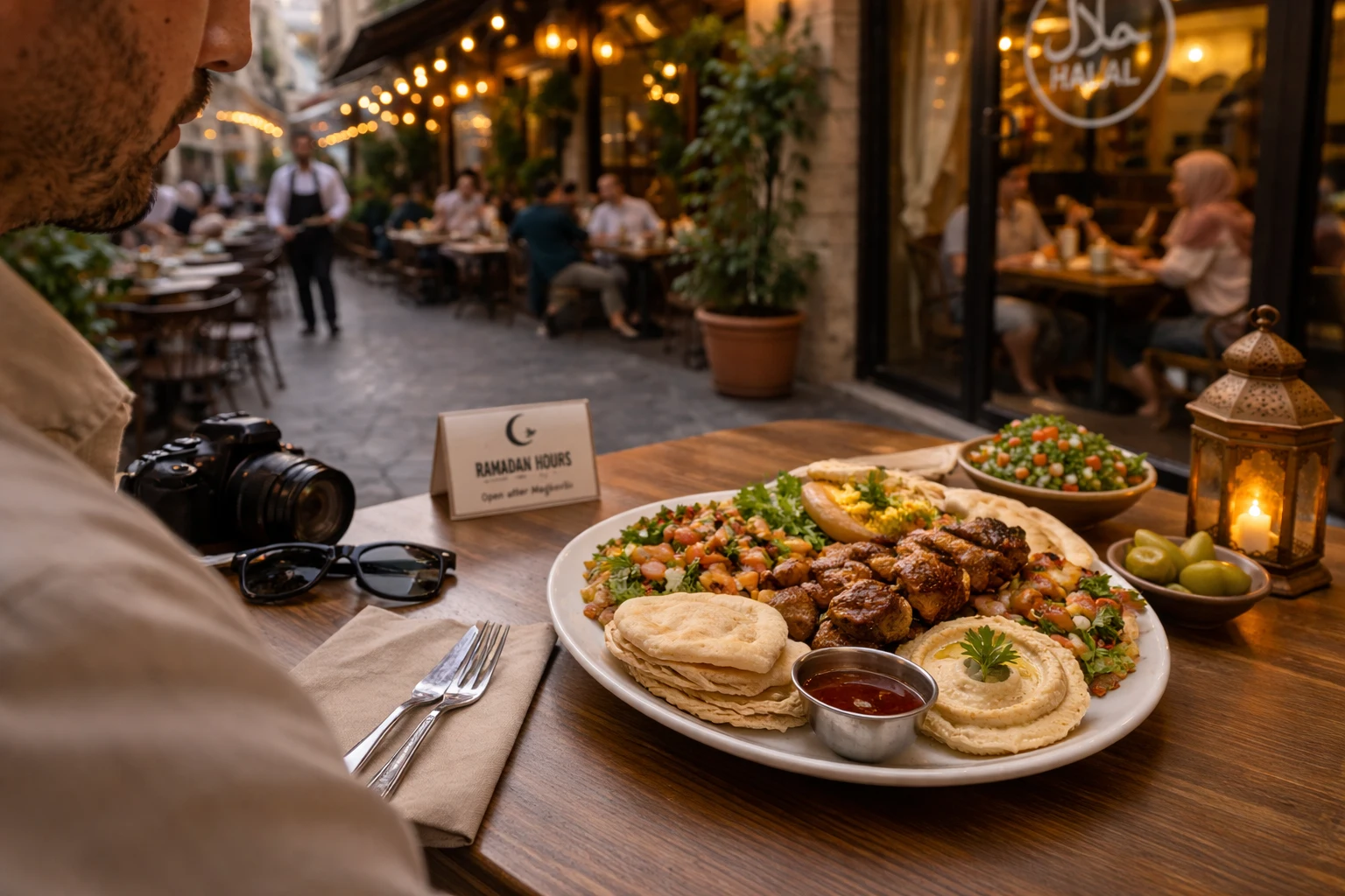 وجبة طعام حلال في المطاعم الحلال 2026 أثناء السفر مع أطباق مشاوي ومقبلات شرقية