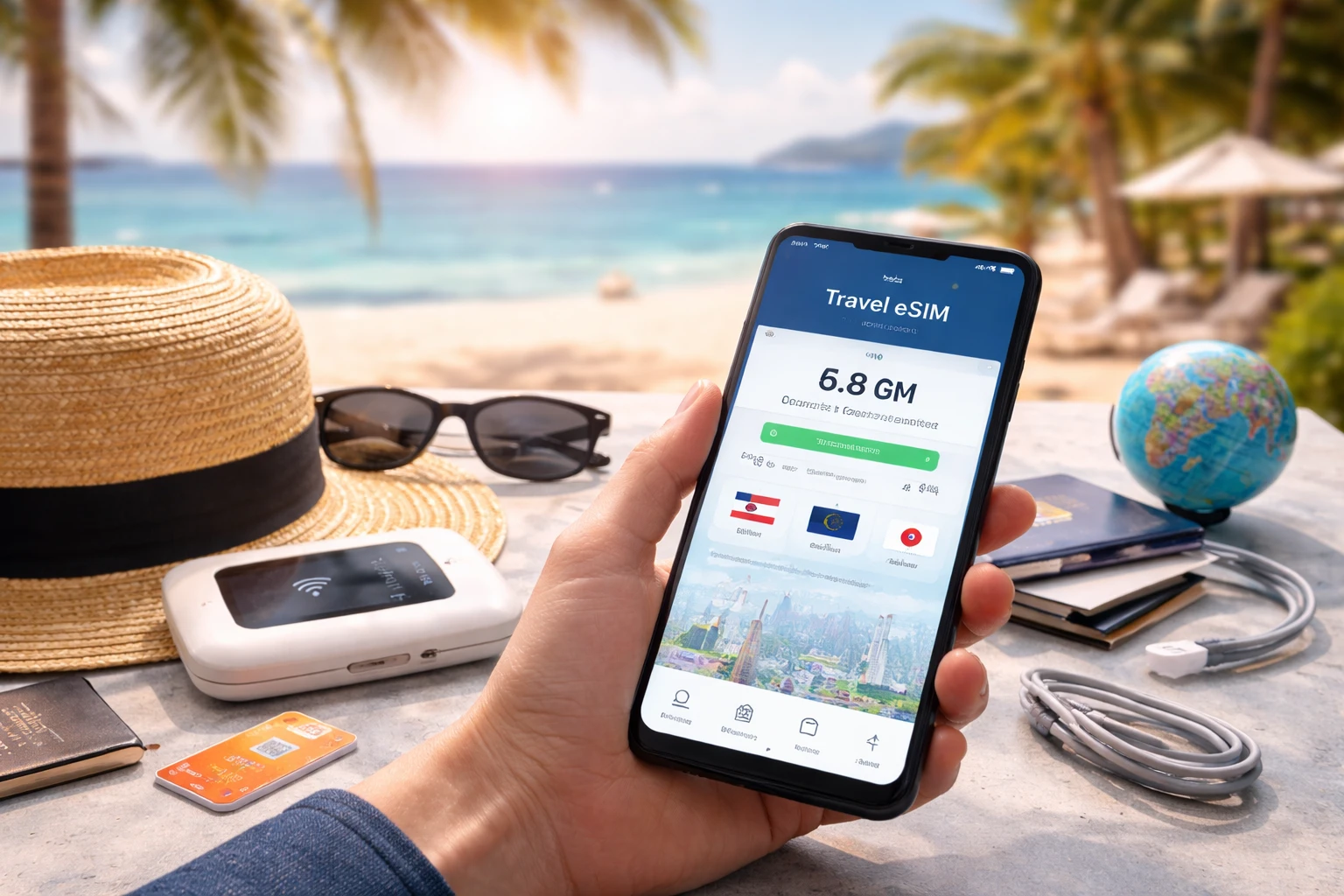 استخدام تطبيق eSIM للإنترنت أثناء السفر مع جهاز واي فاي متنقل وأدوات سفر