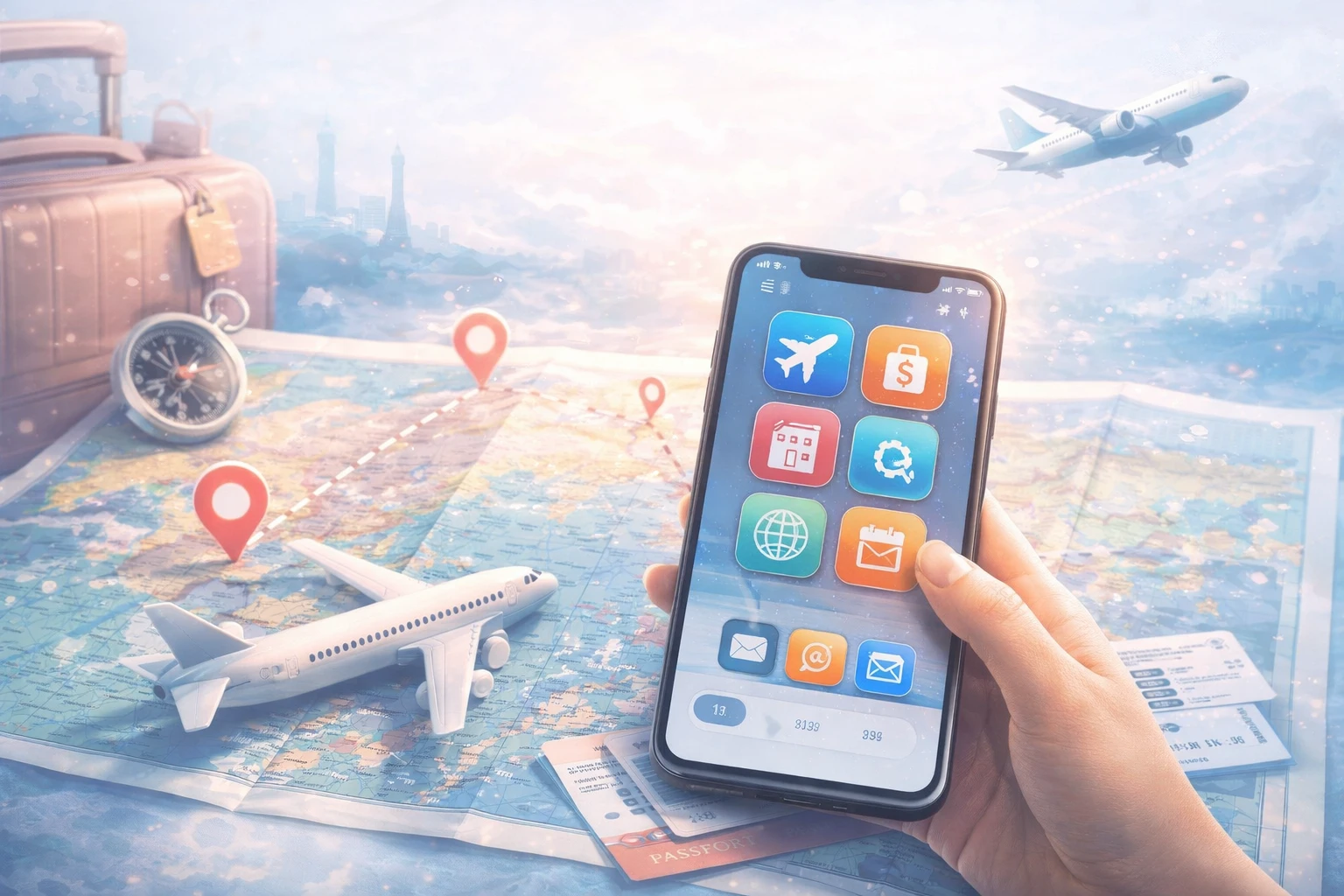 هاتف يعرض تطبيقات سفر على خريطة مع طائرة وحقائب سفر يوضح استخدام الأدوات الرقمية لتخطيط الرحلات