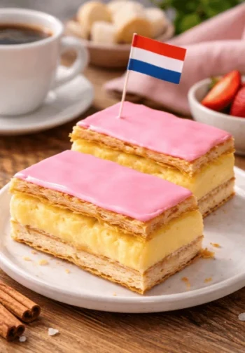 حلوى تومبوس الهولندية بطبقات من العجين والكريمة مع طبقة علوية وردية وعلم هولندا