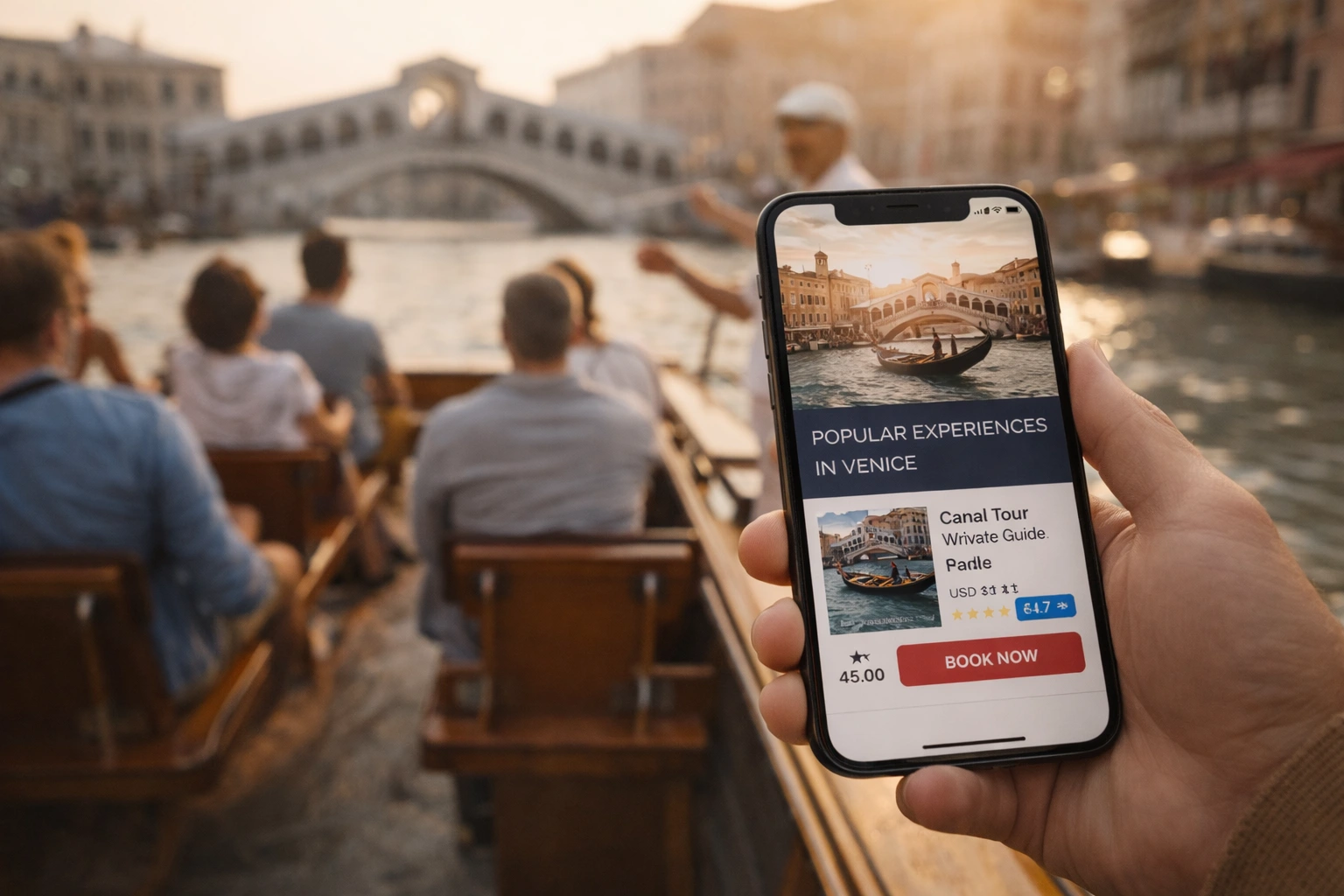 شخص يستخدم آيفون فس حجز الأنشطة السياحية 2026 في فينيسيا أثناء جولة بالقارب مع مرشد سياحي