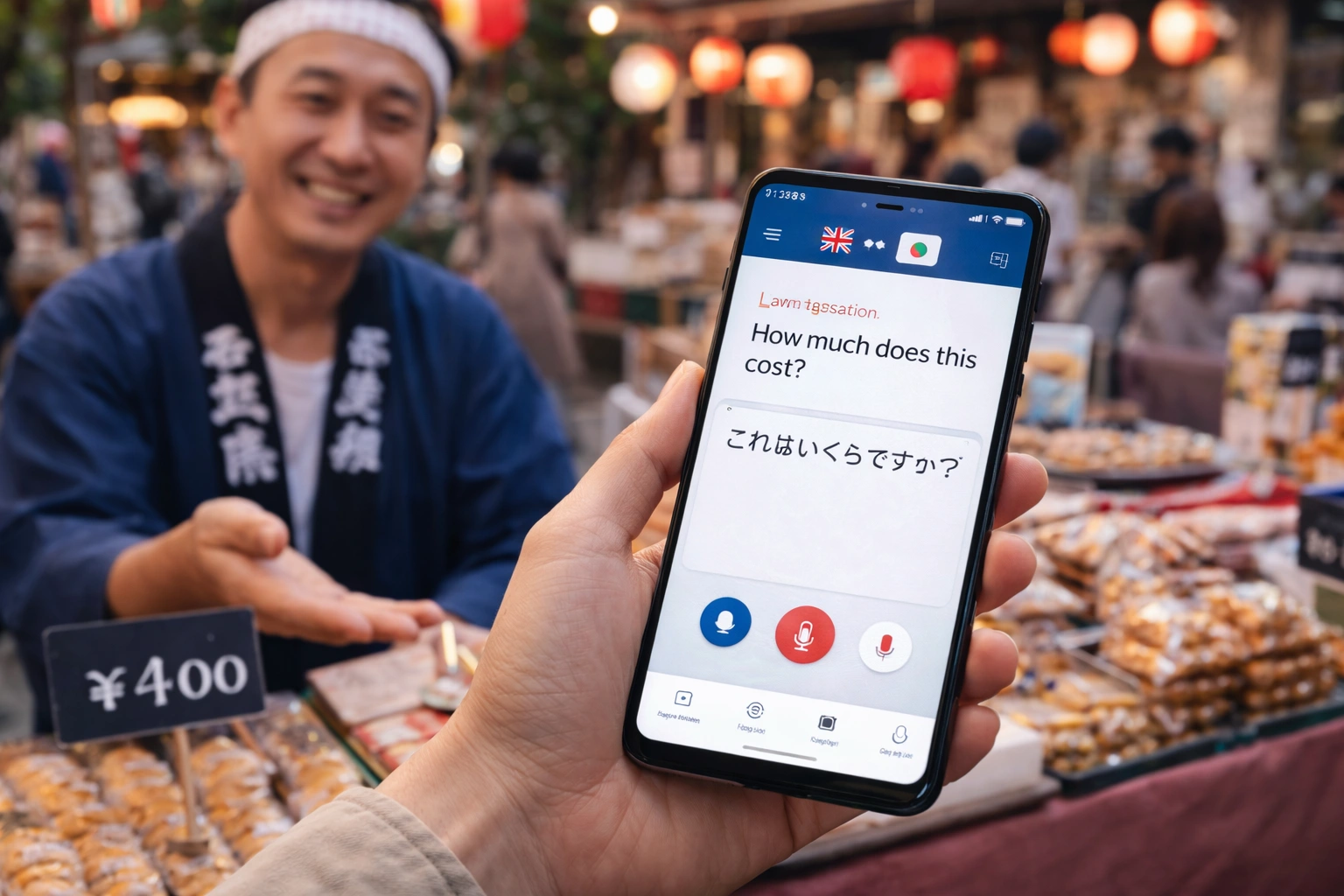 استخدام تطبيق ترجمة على الهاتف للتواصل مع بائع محلي أثناء السفر