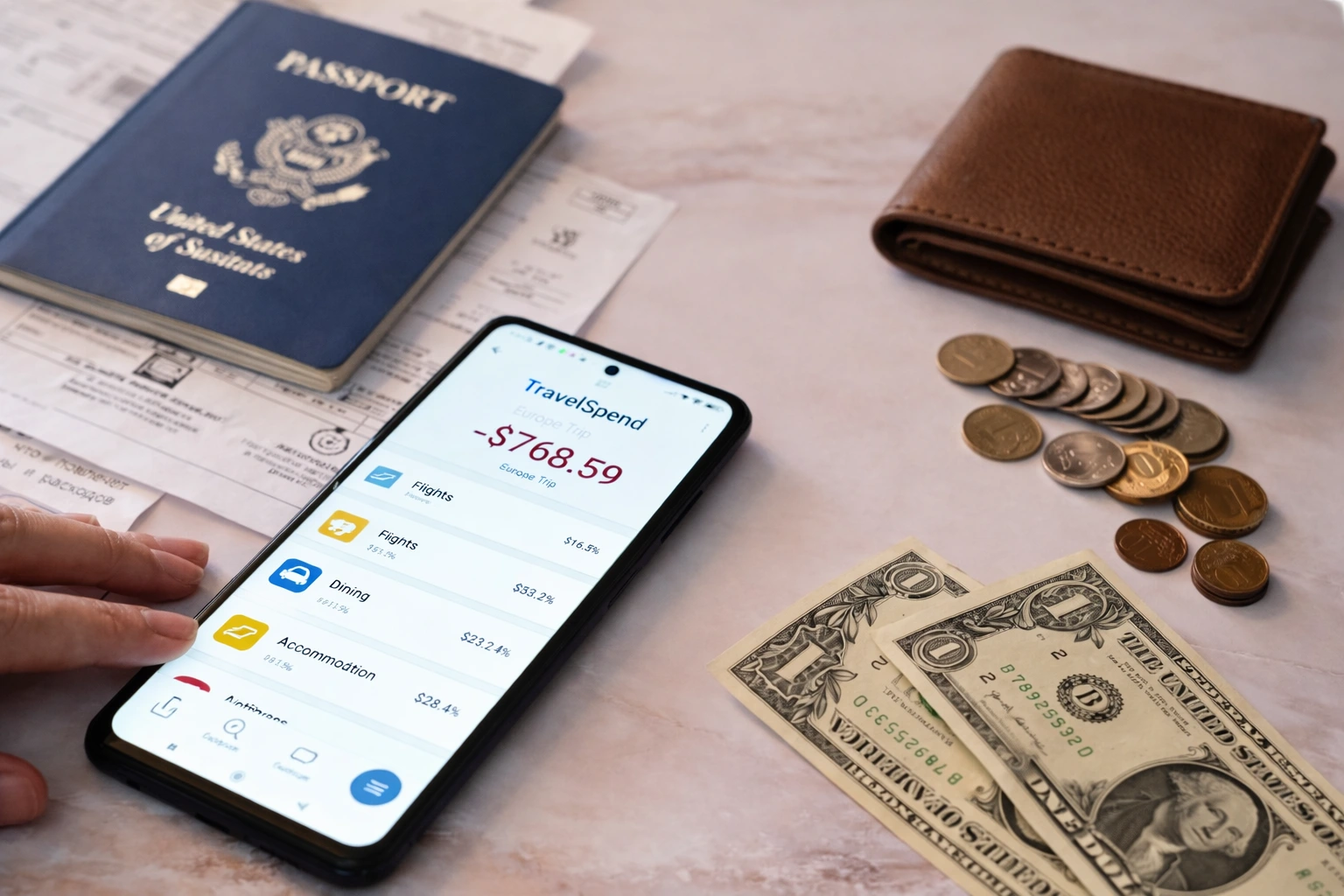 استخدام تطبيق TravelSpend لإدارة ميزانية السفر مع جواز سفر ومحفظة ونقود