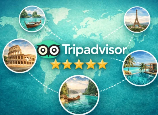 خريطة العالم مع شعار Tripadvisor وصور لأشهر الوجهات السياحية وتقييمات المسافرين لاكتشاف أفضل الأنشطة السياحية دليل استخدام tripadvisor 2026