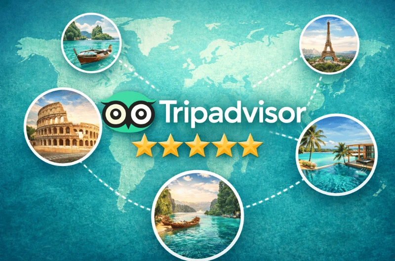 خريطة العالم مع شعار Tripadvisor وصور لأشهر الوجهات السياحية وتقييمات المسافرين لاكتشاف أفضل الأنشطة السياحية دليل استخدام tripadvisor 2026