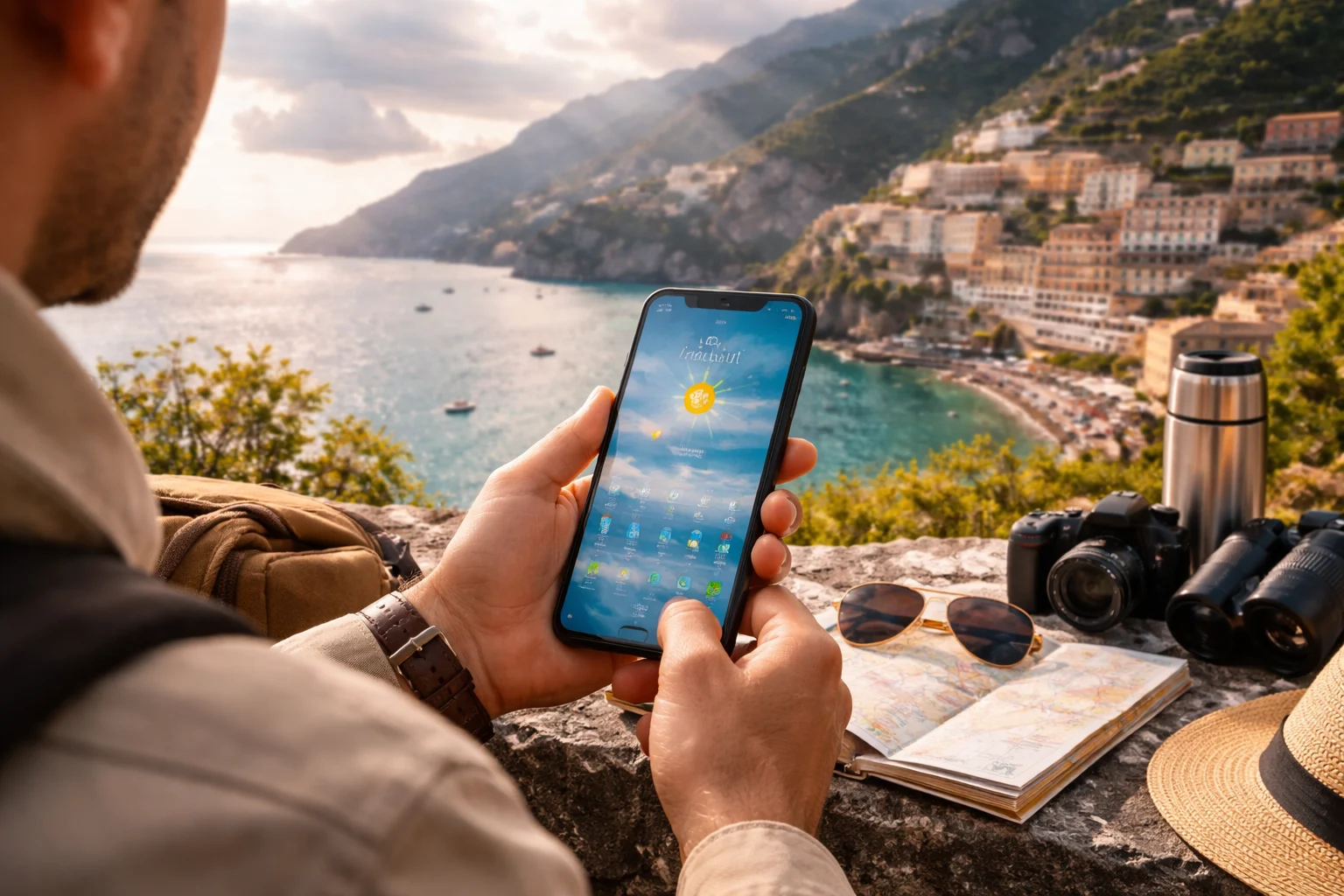 مسافر يستخدم أفضل تطبيقات الطقس 2026 على الهاتف أثناء السفر مع إطلالة ساحلية